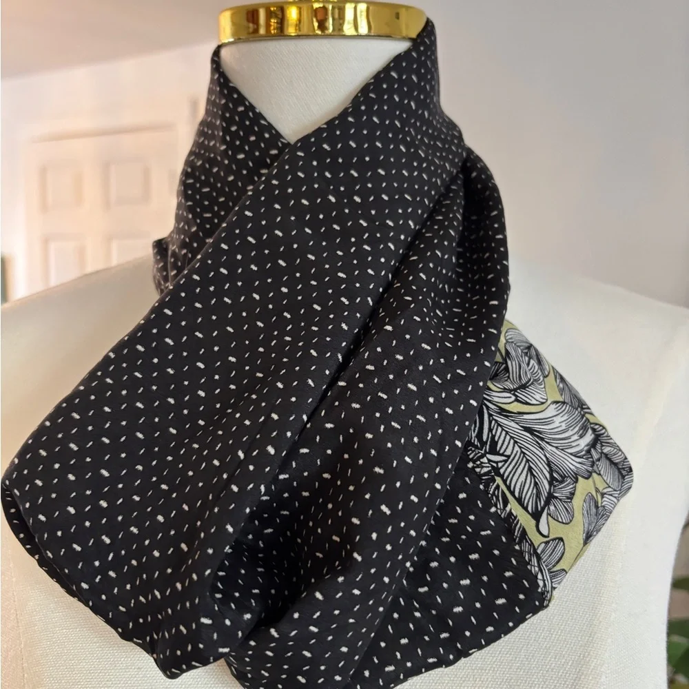 100% Silk J. Jill Infinity Scarf Reversible Olive Green & Black Floral SKU 4